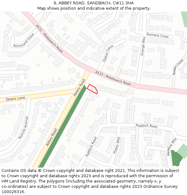 9, ABBEY ROAD, SANDBACH, CW11 3HA: Location map and indicative extent of plot