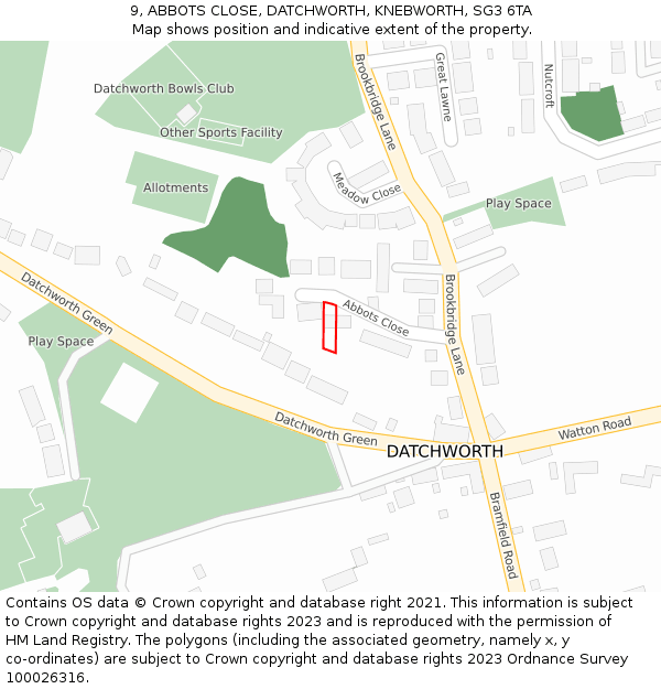 9, ABBOTS CLOSE, DATCHWORTH, KNEBWORTH, SG3 6TA: Location map and indicative extent of plot