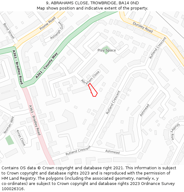 9, ABRAHAMS CLOSE, TROWBRIDGE, BA14 0ND: Location map and indicative extent of plot