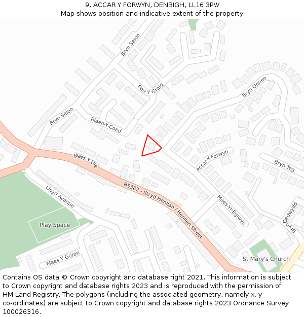 9, ACCAR Y FORWYN, DENBIGH, LL16 3PW: Location map and indicative extent of plot