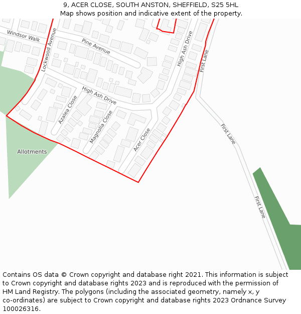 9, ACER CLOSE, SOUTH ANSTON, SHEFFIELD, S25 5HL: Location map and indicative extent of plot