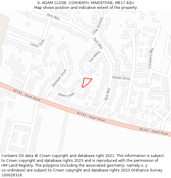 9, ADAM CLOSE, COXHEATH, MAIDSTONE, ME17 4QU: Location map and indicative extent of plot