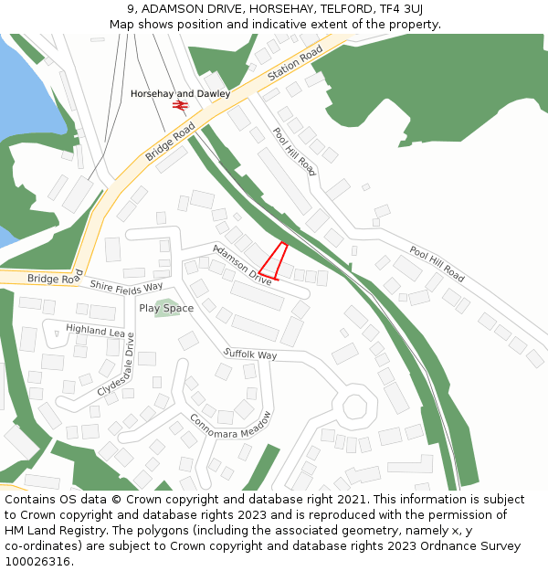 9, ADAMSON DRIVE, HORSEHAY, TELFORD, TF4 3UJ: Location map and indicative extent of plot