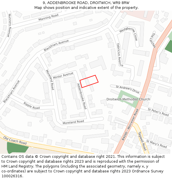 9, ADDENBROOKE ROAD, DROITWICH, WR9 8RW: Location map and indicative extent of plot