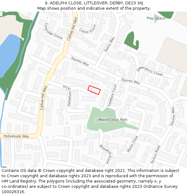9, ADELPHI CLOSE, LITTLEOVER, DERBY, DE23 3XJ: Location map and indicative extent of plot