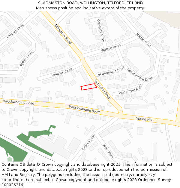 9, ADMASTON ROAD, WELLINGTON, TELFORD, TF1 3NB: Location map and indicative extent of plot