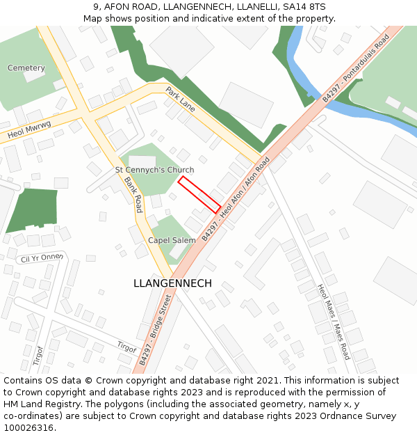 9, AFON ROAD, LLANGENNECH, LLANELLI, SA14 8TS: Location map and indicative extent of plot