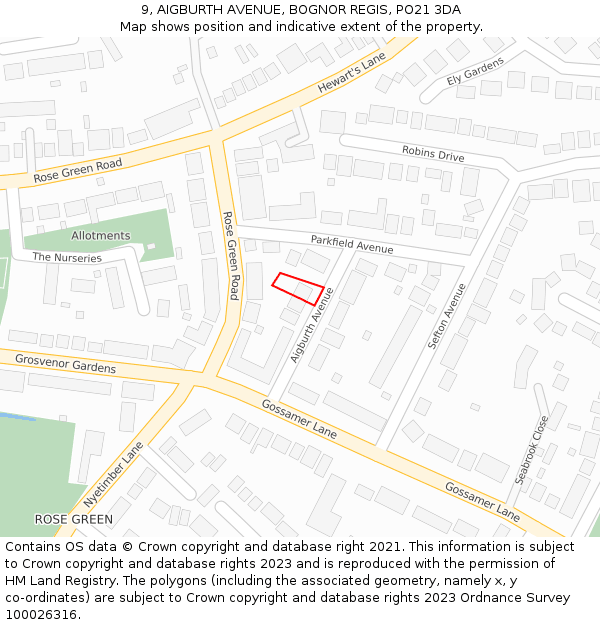 9, AIGBURTH AVENUE, BOGNOR REGIS, PO21 3DA: Location map and indicative extent of plot