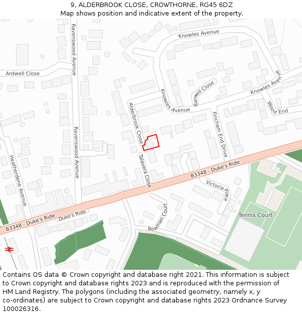 9, ALDERBROOK CLOSE, CROWTHORNE, RG45 6DZ: Location map and indicative extent of plot