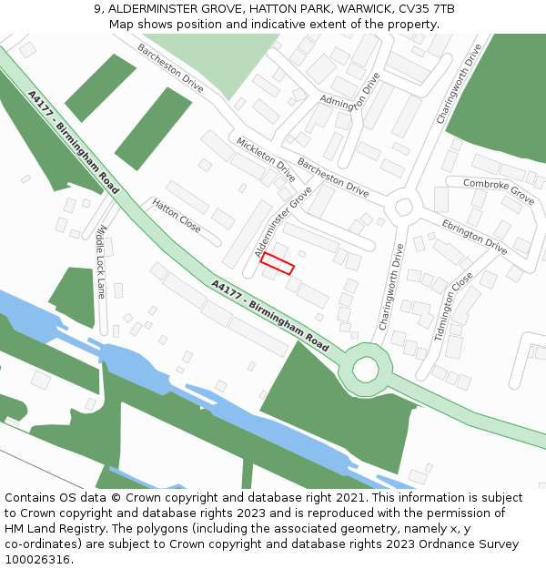 9, ALDERMINSTER GROVE, HATTON PARK, WARWICK, CV35 7TB: Location map and indicative extent of plot