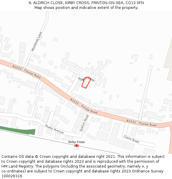 9, ALDRICH CLOSE, KIRBY CROSS, FRINTON-ON-SEA, CO13 0FN: Location map and indicative extent of plot