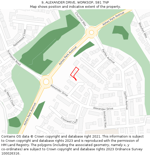 9, ALEXANDER DRIVE, WORKSOP, S81 7NP: Location map and indicative extent of plot