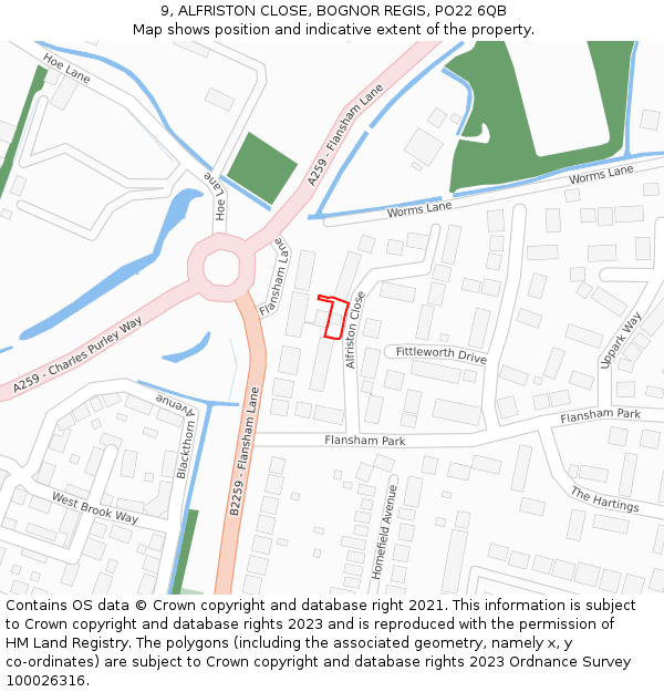 9, ALFRISTON CLOSE, BOGNOR REGIS, PO22 6QB: Location map and indicative extent of plot