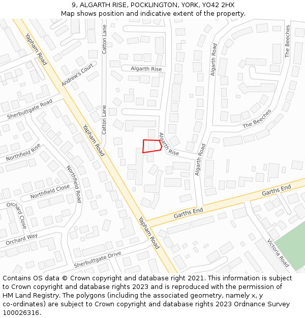 9, ALGARTH RISE, POCKLINGTON, YORK, YO42 2HX: Location map and indicative extent of plot