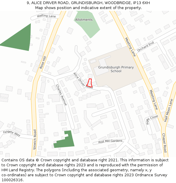 9, ALICE DRIVER ROAD, GRUNDISBURGH, WOODBRIDGE, IP13 6XH: Location map and indicative extent of plot