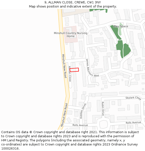 9, ALLMAN CLOSE, CREWE, CW1 3NY: Location map and indicative extent of plot