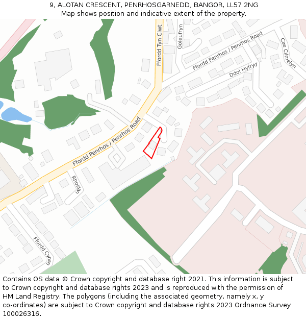 9, ALOTAN CRESCENT, PENRHOSGARNEDD, BANGOR, LL57 2NG: Location map and indicative extent of plot