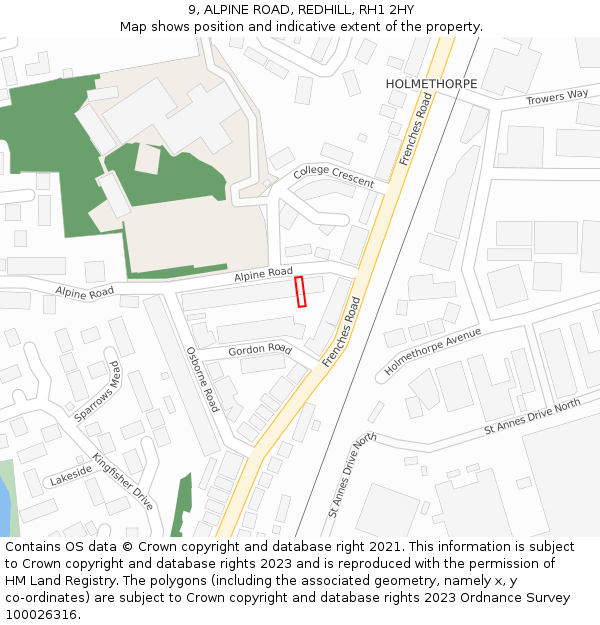 9, ALPINE ROAD, REDHILL, RH1 2HY: Location map and indicative extent of plot