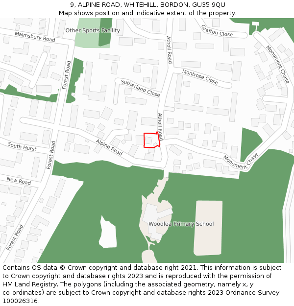 9, ALPINE ROAD, WHITEHILL, BORDON, GU35 9QU: Location map and indicative extent of plot