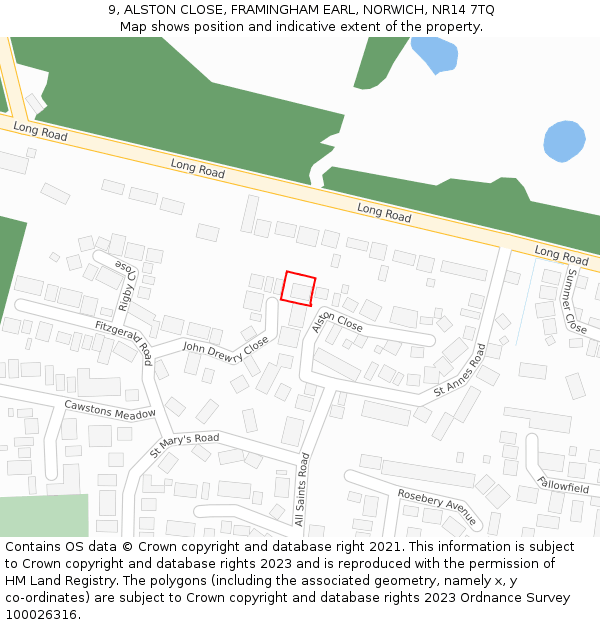 9, ALSTON CLOSE, FRAMINGHAM EARL, NORWICH, NR14 7TQ: Location map and indicative extent of plot