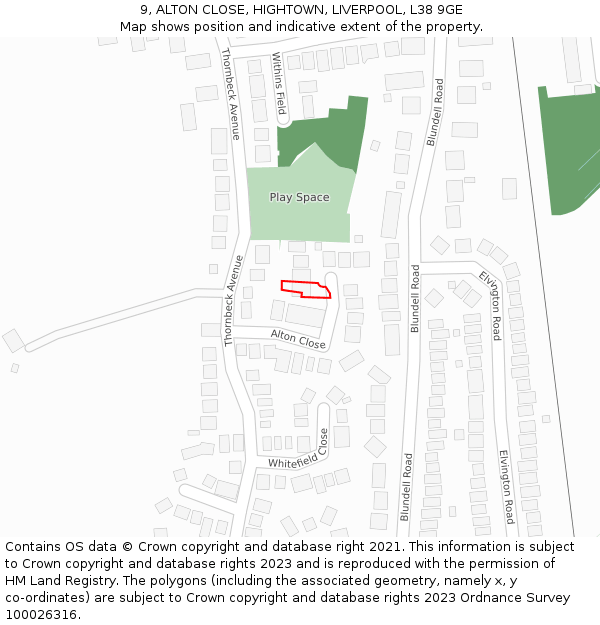 9, ALTON CLOSE, HIGHTOWN, LIVERPOOL, L38 9GE: Location map and indicative extent of plot