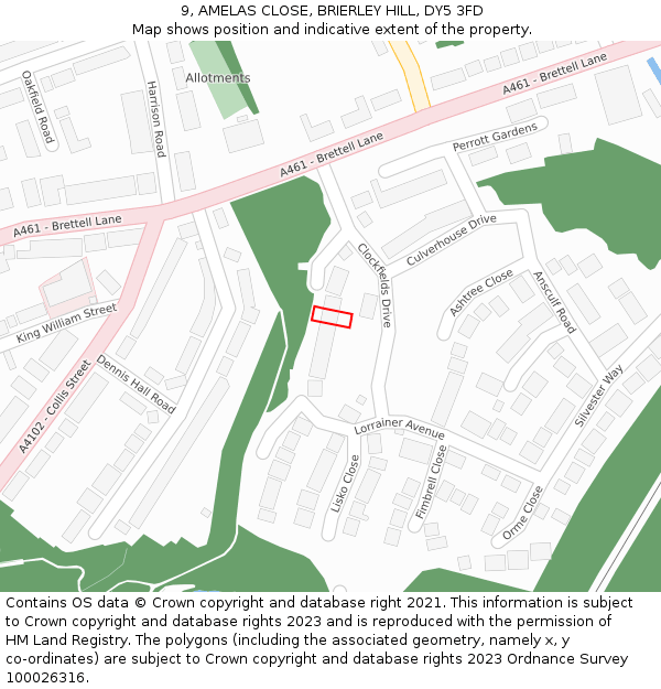 9, AMELAS CLOSE, BRIERLEY HILL, DY5 3FD: Location map and indicative extent of plot