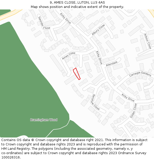 9, AMES CLOSE, LUTON, LU3 4AS: Location map and indicative extent of plot