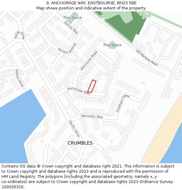 9, ANCHORAGE WAY, EASTBOURNE, BN23 5BE: Location map and indicative extent of plot