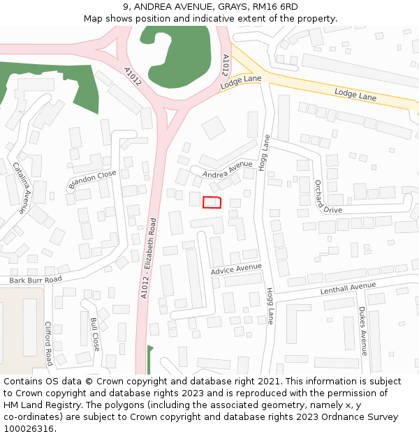 9, ANDREA AVENUE, GRAYS, RM16 6RD: Location map and indicative extent of plot