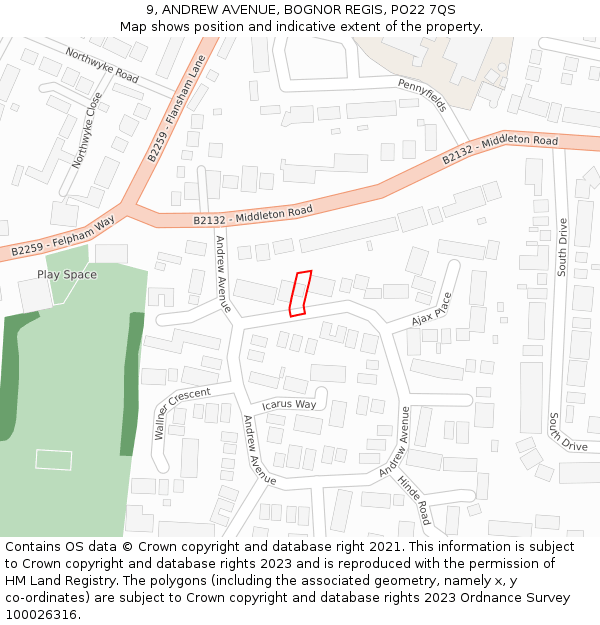 9, ANDREW AVENUE, BOGNOR REGIS, PO22 7QS: Location map and indicative extent of plot