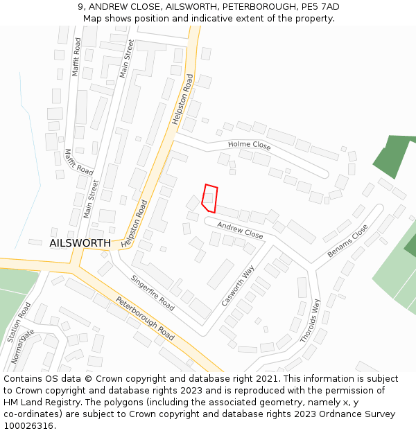 9, ANDREW CLOSE, AILSWORTH, PETERBOROUGH, PE5 7AD: Location map and indicative extent of plot