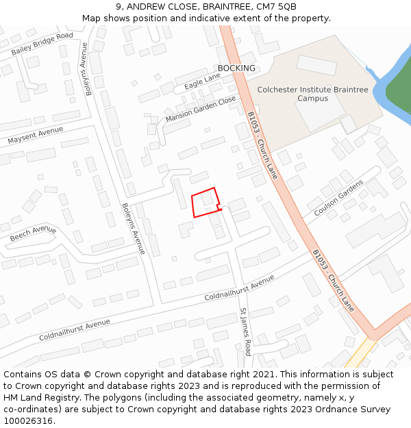 9, ANDREW CLOSE, BRAINTREE, CM7 5QB: Location map and indicative extent of plot