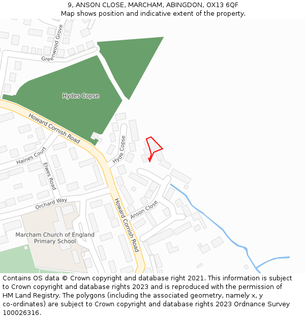 9, ANSON CLOSE, MARCHAM, ABINGDON, OX13 6QF: Location map and indicative extent of plot