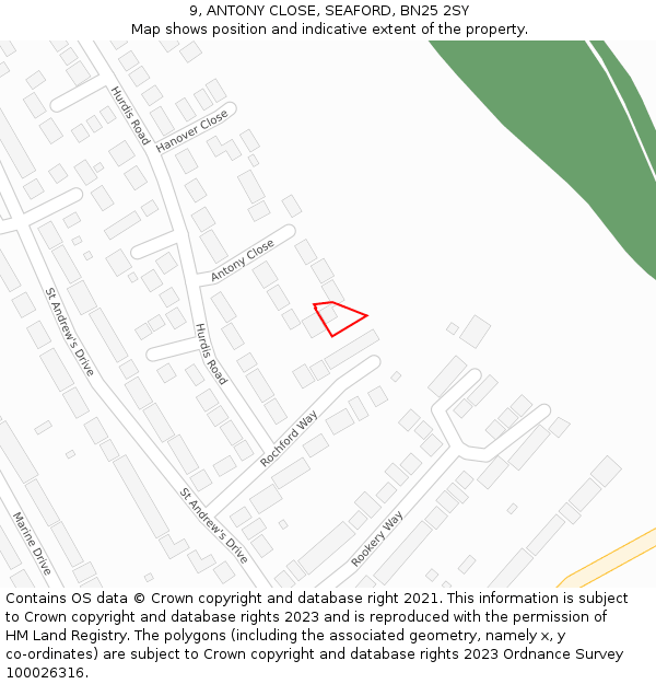 9, ANTONY CLOSE, SEAFORD, BN25 2SY: Location map and indicative extent of plot