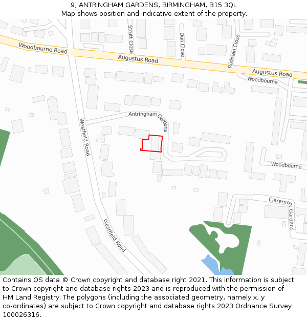 9, ANTRINGHAM GARDENS, BIRMINGHAM, B15 3QL: Location map and indicative extent of plot