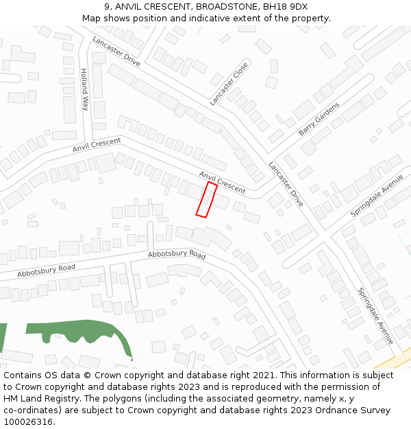 9, ANVIL CRESCENT, BROADSTONE, BH18 9DX: Location map and indicative extent of plot