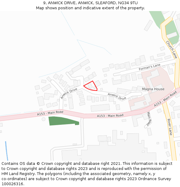 9, ANWICK DRIVE, ANWICK, SLEAFORD, NG34 9TU: Location map and indicative extent of plot