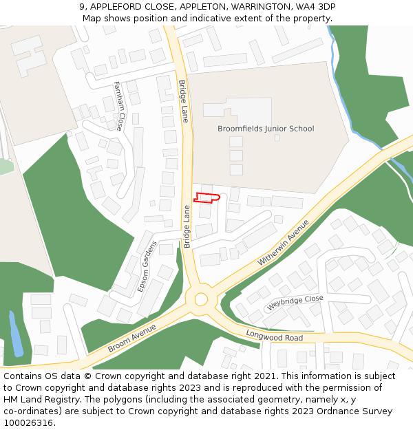 9, APPLEFORD CLOSE, APPLETON, WARRINGTON, WA4 3DP: Location map and indicative extent of plot