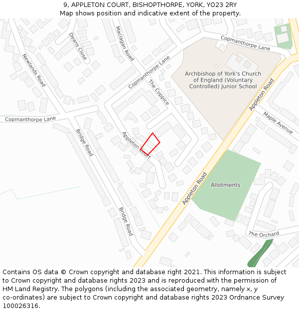 9, APPLETON COURT, BISHOPTHORPE, YORK, YO23 2RY: Location map and indicative extent of plot