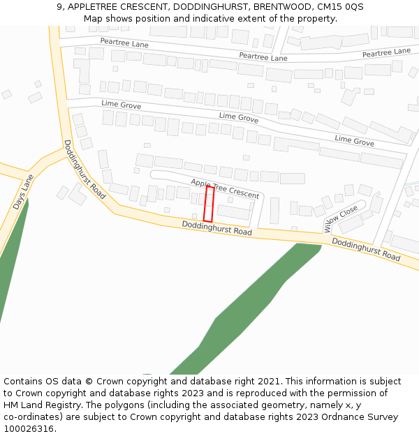 9, APPLETREE CRESCENT, DODDINGHURST, BRENTWOOD, CM15 0QS: Location map and indicative extent of plot