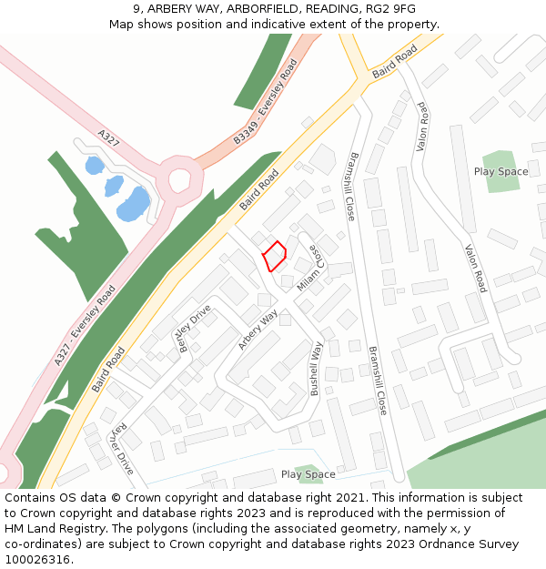 9, ARBERY WAY, ARBORFIELD, READING, RG2 9FG: Location map and indicative extent of plot