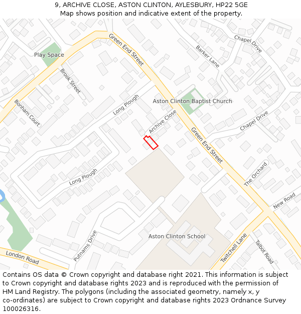 9, ARCHIVE CLOSE, ASTON CLINTON, AYLESBURY, HP22 5GE: Location map and indicative extent of plot