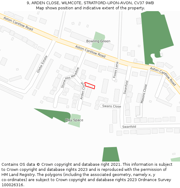 9, ARDEN CLOSE, WILMCOTE, STRATFORD-UPON-AVON, CV37 9WB: Location map and indicative extent of plot