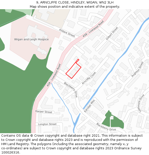9, ARNCLIFFE CLOSE, HINDLEY, WIGAN, WN2 3LH: Location map and indicative extent of plot