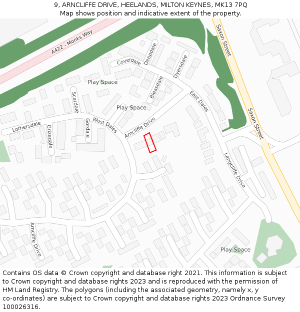 9, ARNCLIFFE DRIVE, HEELANDS, MILTON KEYNES, MK13 7PQ: Location map and indicative extent of plot