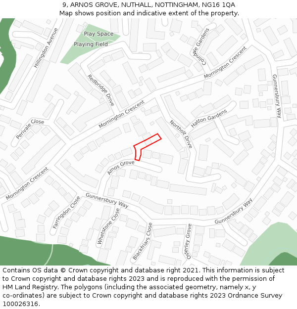 9, ARNOS GROVE, NUTHALL, NOTTINGHAM, NG16 1QA: Location map and indicative extent of plot