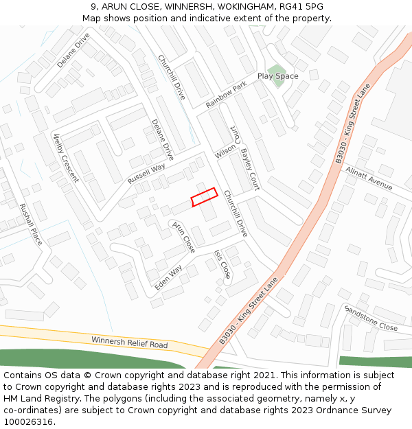 9, ARUN CLOSE, WINNERSH, WOKINGHAM, RG41 5PG: Location map and indicative extent of plot