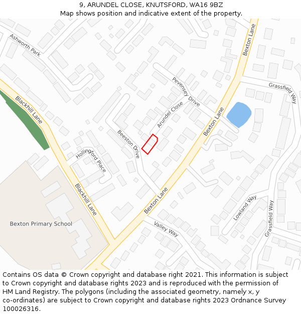 9, ARUNDEL CLOSE, KNUTSFORD, WA16 9BZ: Location map and indicative extent of plot