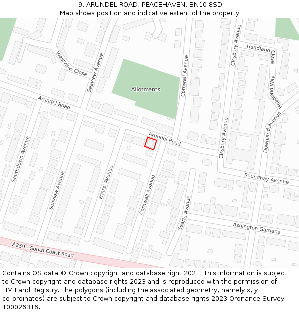 9, ARUNDEL ROAD, PEACEHAVEN, BN10 8SD: Location map and indicative extent of plot