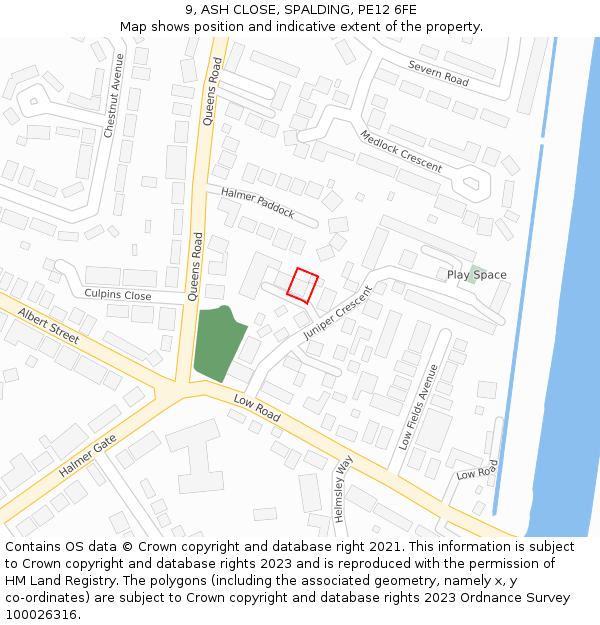 9, ASH CLOSE, SPALDING, PE12 6FE: Location map and indicative extent of plot